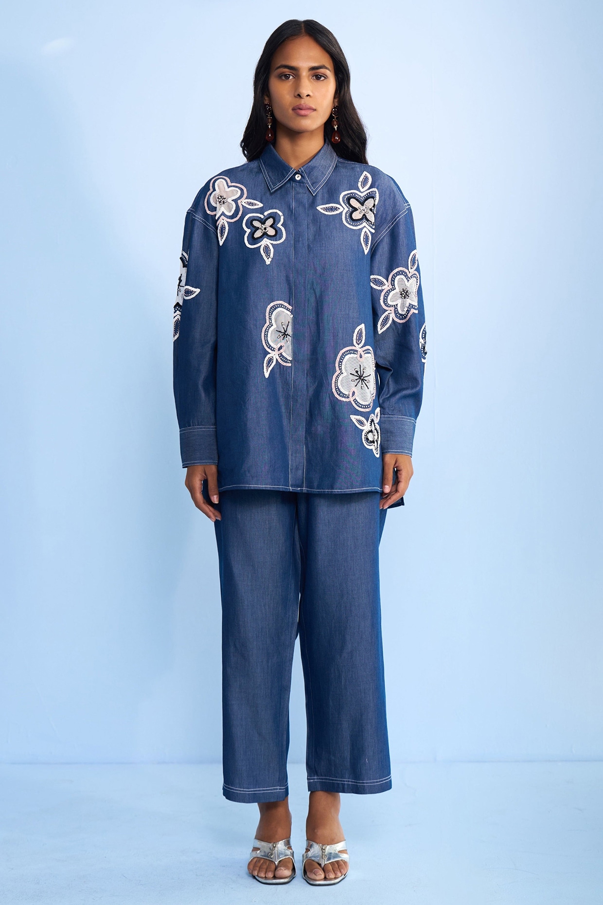 Nakateki Blue Denim Net Floral Cutwork & Bead Embroidered Co-ord Set