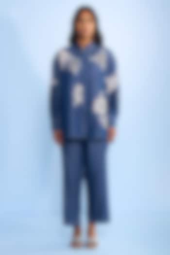 Blue Denim Net Floral Cutwork & Bead Embroidered Co-ord Set by Nakateki at Pernia's Pop Up Shop