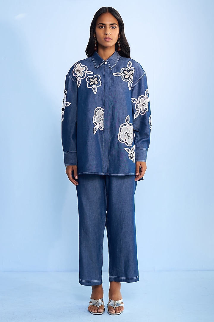Blue Denim Net Floral Cutwork & Bead Embroidered Co-ord Set by Nakateki at Pernia's Pop Up Shop