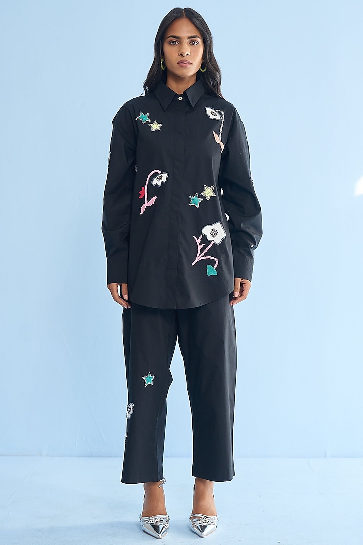 Black Cotton Applique Embellished Co-Ord Set by Nakateki at Pernia's Pop Up Shop