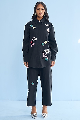 Black Cotton Applique Embellished Co-Ord Set by Nakateki