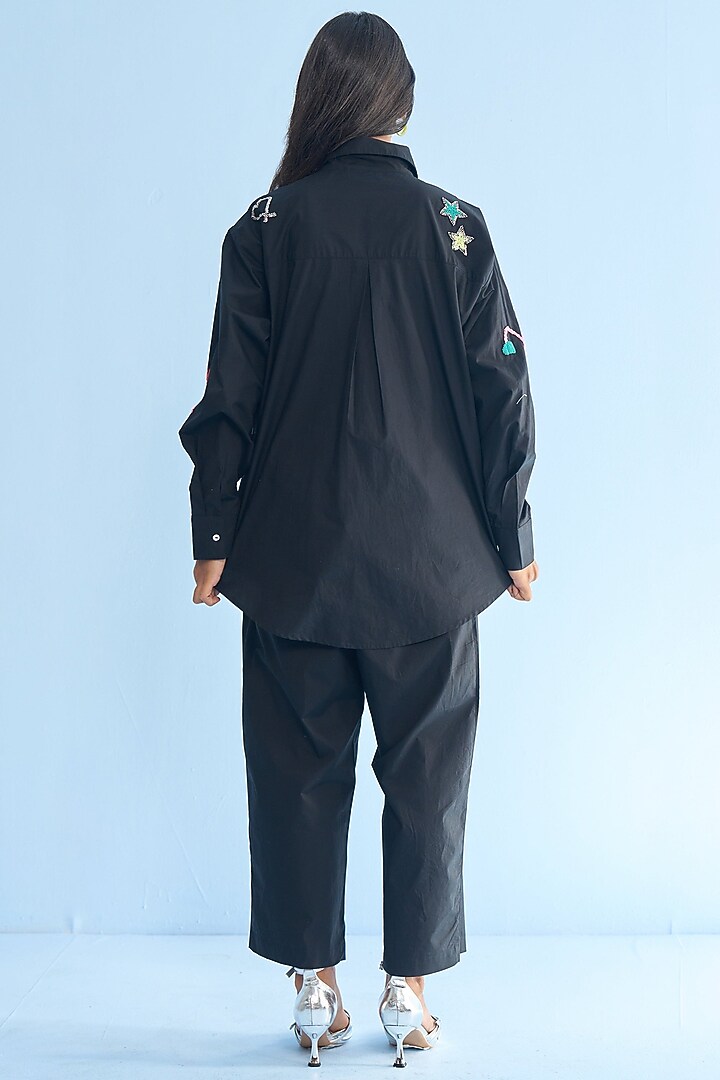 Black Cotton Applique Embellished Co-Ord Set by Nakateki at Pernia's Pop Up Shop