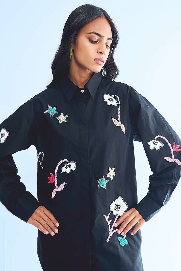 Black Cotton Applique Embellished Co-Ord Set by Nakateki at Pernia's Pop Up Shop