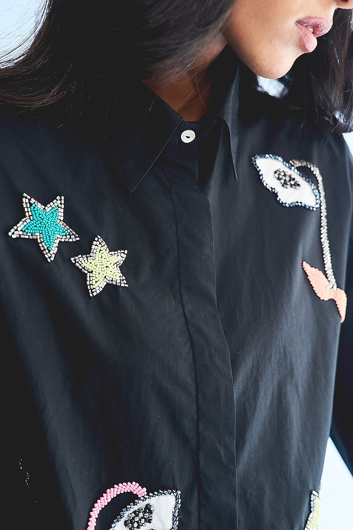 Black Cotton Applique Embellished Co-Ord Set by Nakateki at Pernia's Pop Up Shop