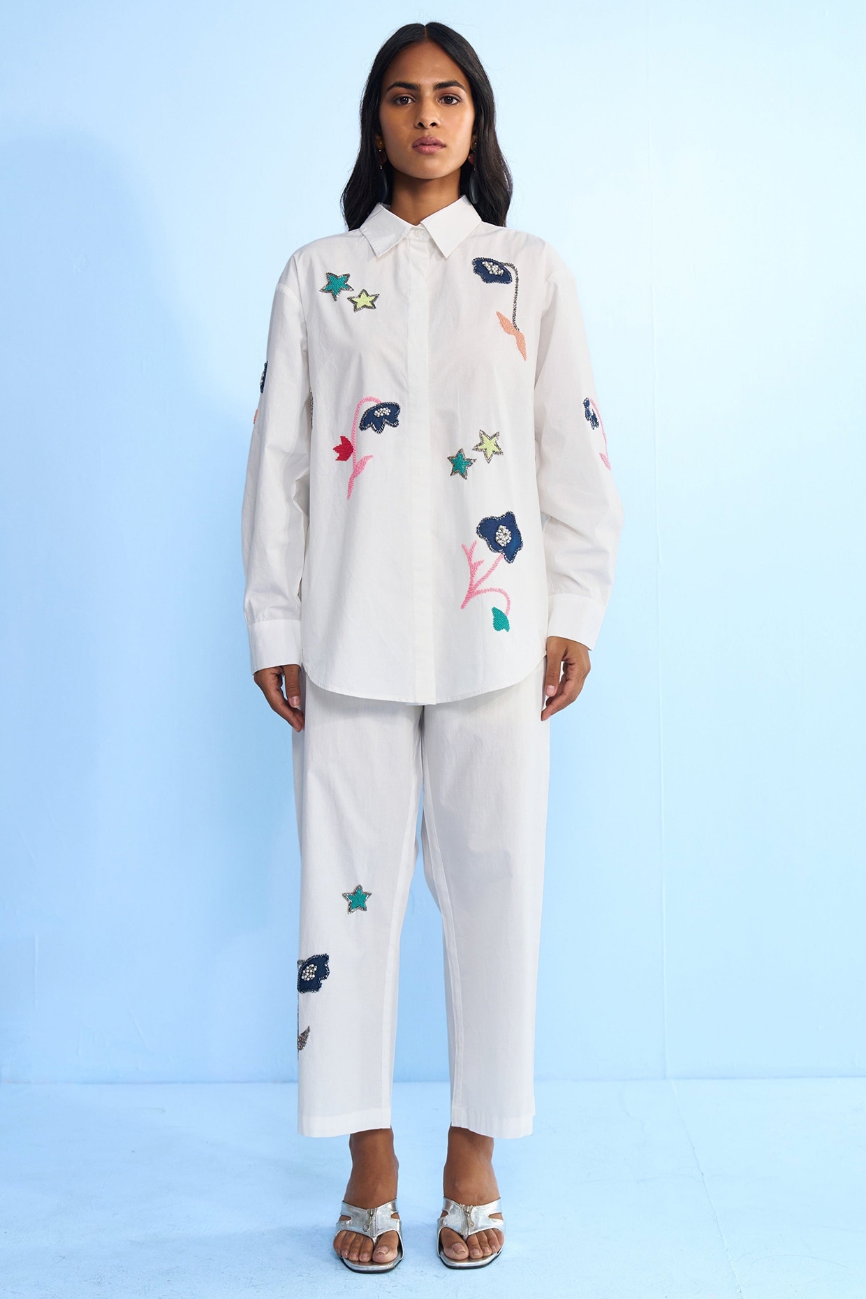 Nakateki Off-White Cotton Abstract Applique Embellished Co-ord Set