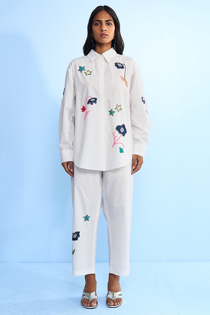 Off-White Cotton Abstract Applique Embellished Co-ord Set by Nakateki at Pernia's Pop Up Shop
