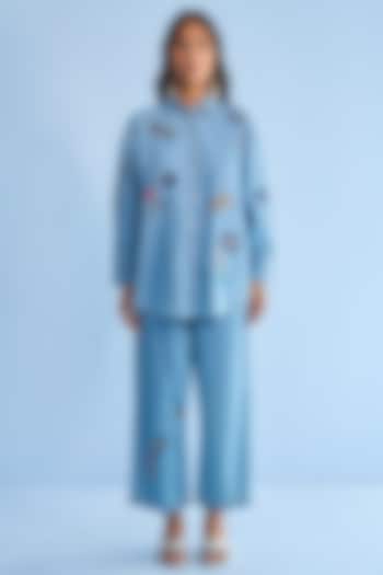 Blue Denim Applique Embellished Co-Ord Set by Nakateki at Pernia's Pop Up Shop