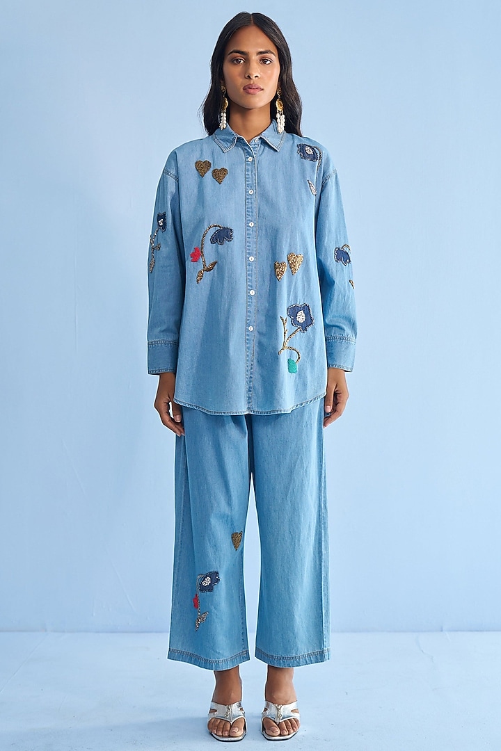 Blue Denim Applique Embellished Co-Ord Set by Nakateki at Pernia's Pop Up Shop