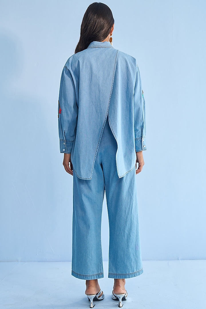 Blue Denim Applique Embellished Co-Ord Set by Nakateki at Pernia's Pop Up Shop