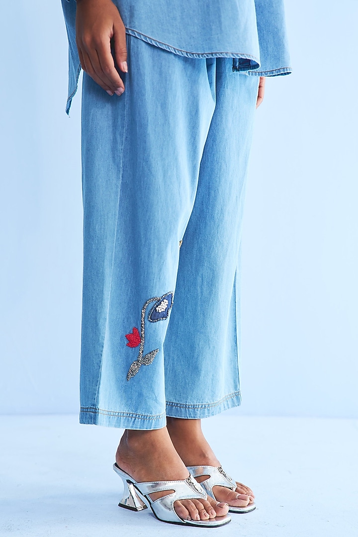 Blue Denim Applique Embellished Co-Ord Set by Nakateki at Pernia's Pop Up Shop