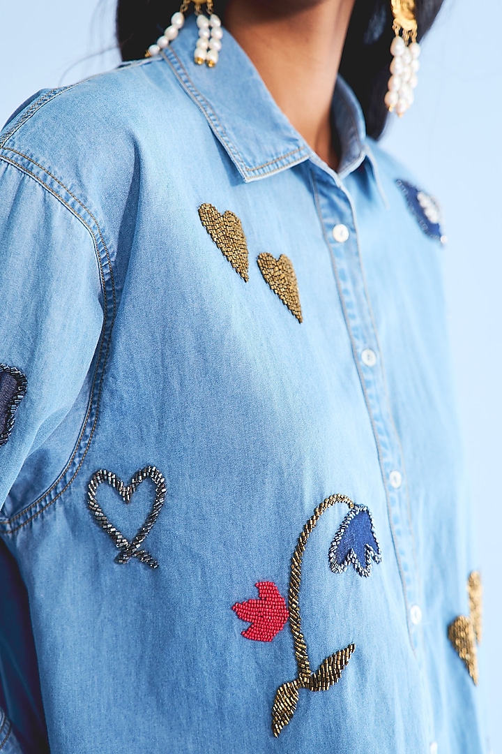 Blue Denim Applique Embellished Co-Ord Set by Nakateki at Pernia's Pop Up Shop
