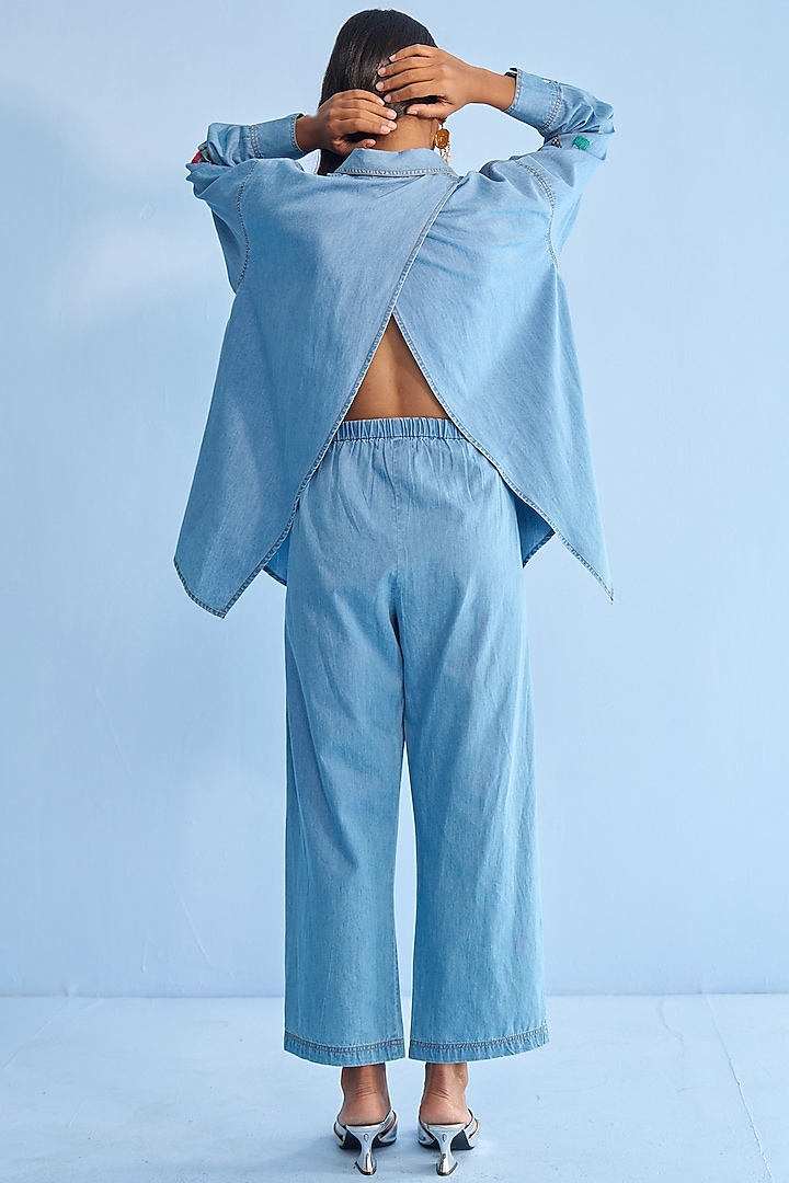 Blue Denim Applique Embellished Co-Ord Set by Nakateki at Pernia's Pop Up Shop