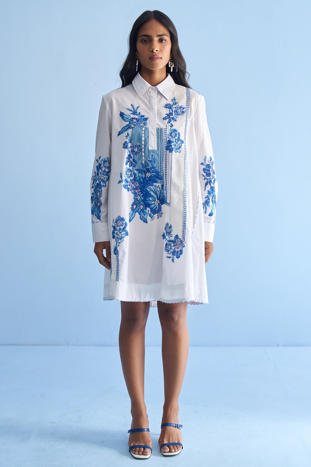 Nakateki White Cotton Placement Print Patch Embellished Shirt Dress