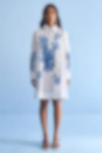 White Cotton Placement Print Patch Embellished Vacation Shirt Dress by Nakateki at Pernia's Pop Up Shop