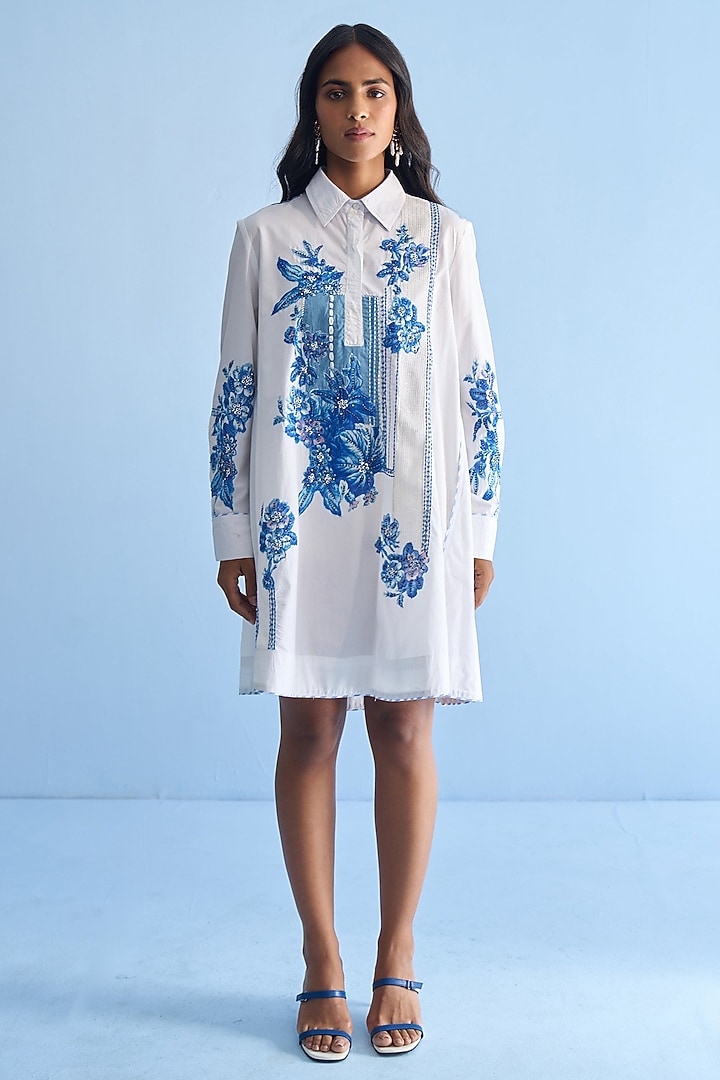 White Cotton Placement Print Patch Embellished Vacation Shirt Dress by Nakateki at Pernia's Pop Up Shop
