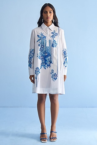 White Cotton Placement Print Patch Embellished Shirt Dress by Nakateki