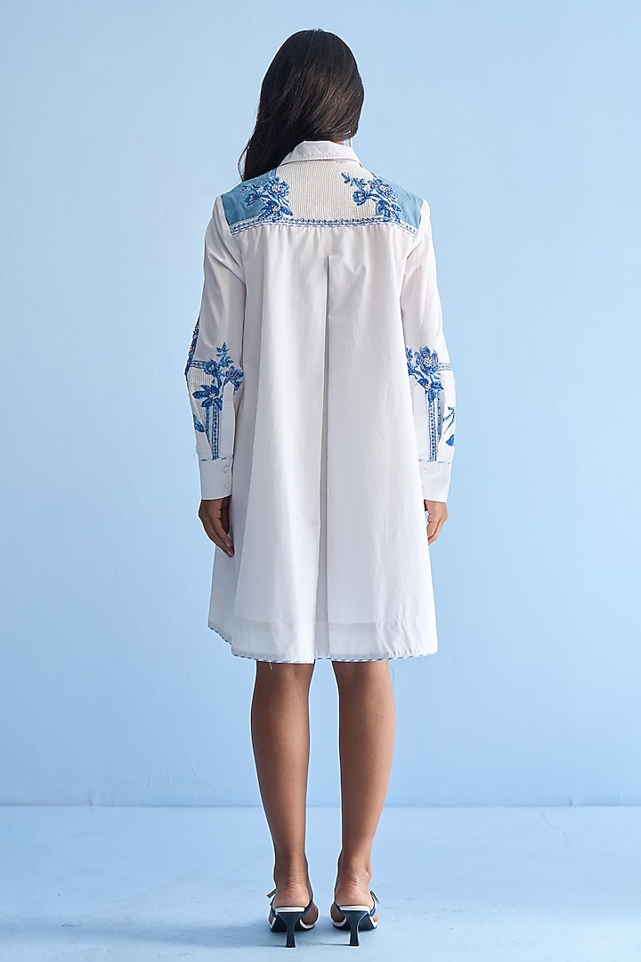 White Cotton Placement Print Patch Embellished Vacation Shirt Dress by Nakateki at Pernia's Pop Up Shop
