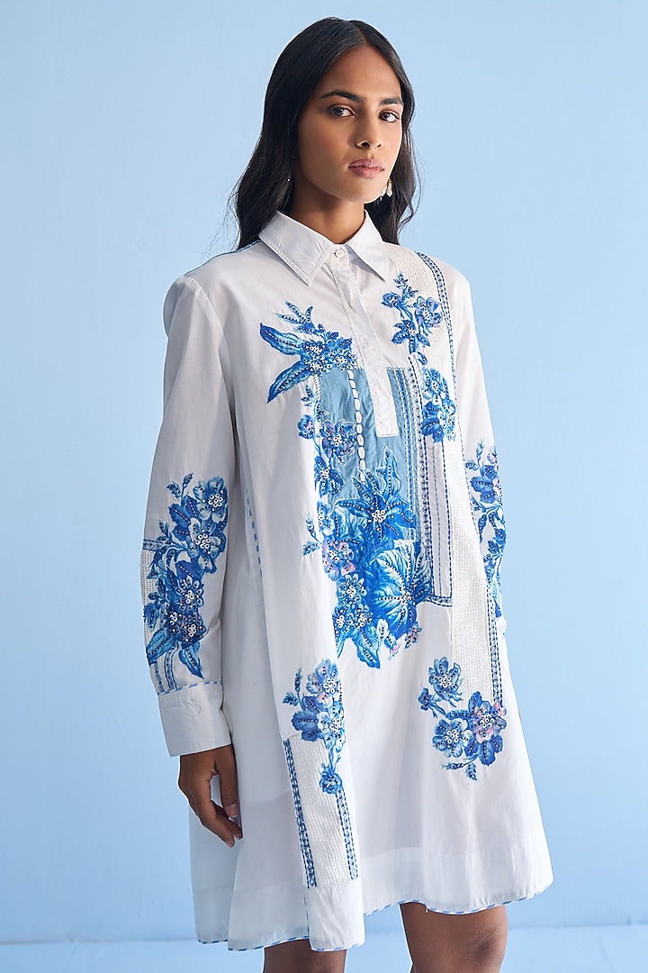White Cotton Placement Print Patch Embellished Vacation Shirt Dress by Nakateki at Pernia's Pop Up Shop