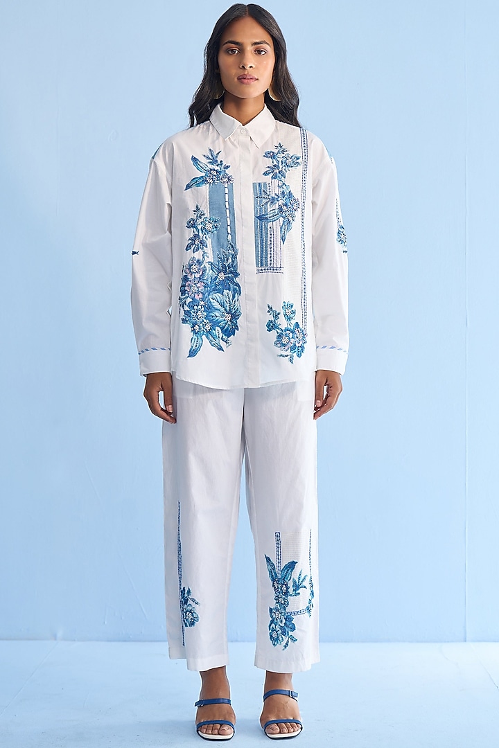 White Cotton Printed & Embellished Co-Ord Set by Nakateki at Pernia's Pop Up Shop