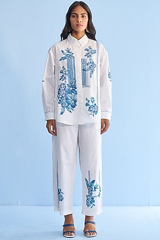 White Cotton Printed & Embellished Co-Ord Set by Nakateki