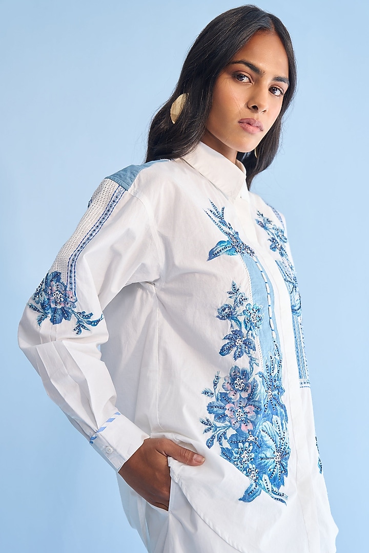 White Cotton Printed & Embellished Co-Ord Set by Nakateki at Pernia's Pop Up Shop