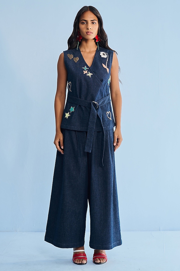 Blue Denim Applique Embellished Co-ord Set by Nakateki at Pernia's Pop Up Shop