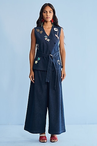 Blue Denim Applique Embellished Co-ord Set by Nakateki