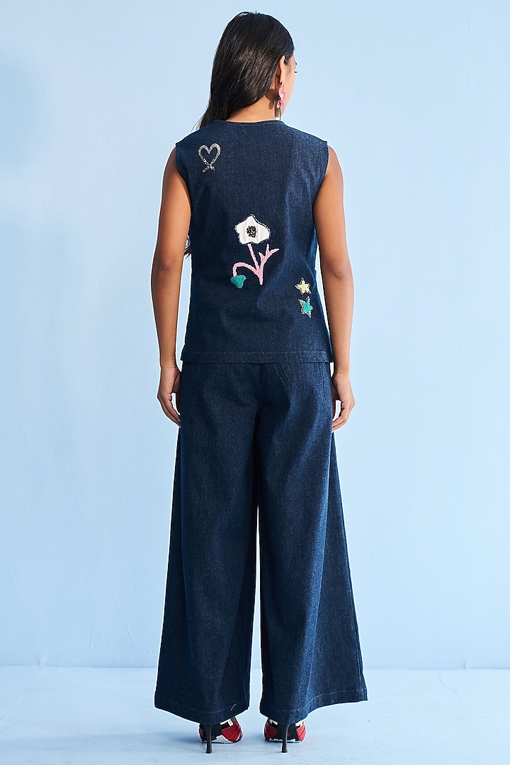 Blue Denim Applique Embellished Co-ord Set by Nakateki at Pernia's Pop Up Shop