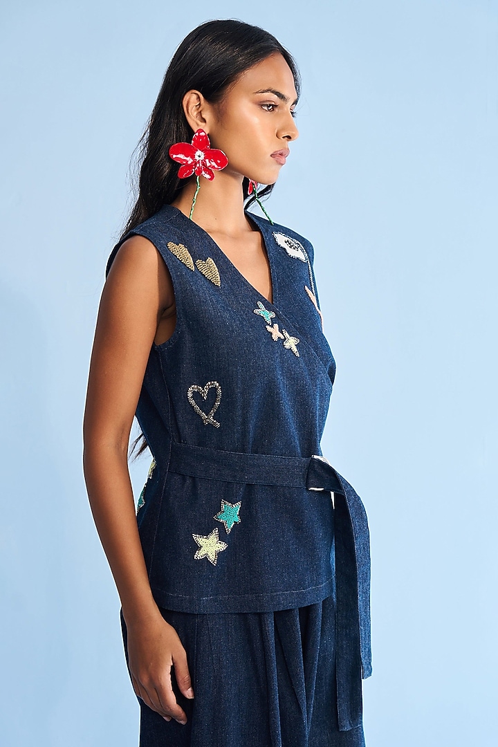 Blue Denim Applique Embellished Co-ord Set by Nakateki at Pernia's Pop Up Shop