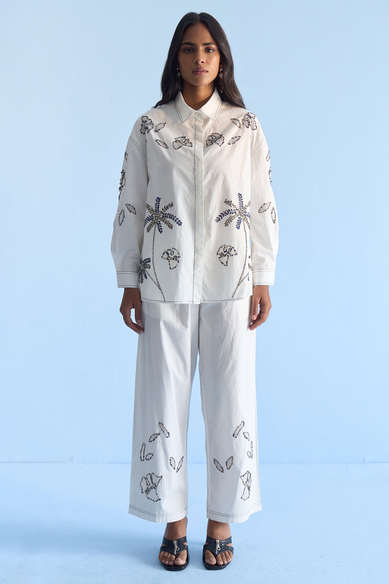 Nakateki Off-White Cotton Palm Tree & Net Patch Embellished Co-ord Set