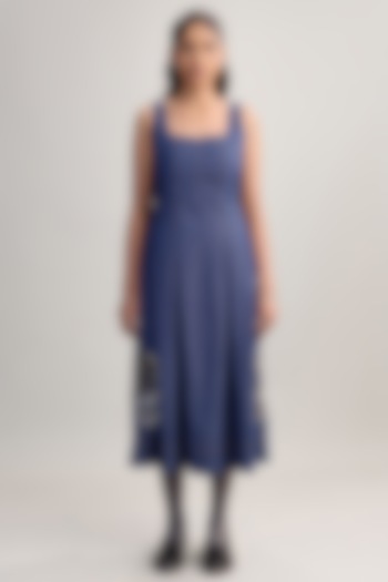 Blue Denim Floral Handwork Pleated Vacation Dress by Nakateki at Pernia's Pop Up Shop