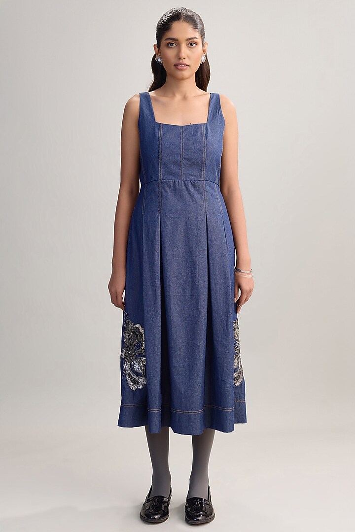 Blue Denim Floral Handwork Pleated Vacation Dress by Nakateki at Pernia's Pop Up Shop