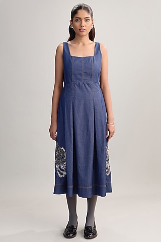 Blue Denim Floral Handwork Pleated Dress by Nakateki