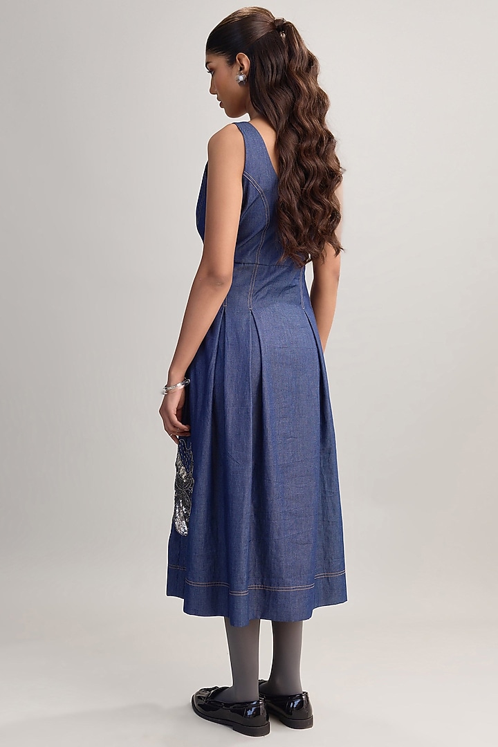 Blue Denim Floral Handwork Pleated Vacation Dress by Nakateki at Pernia's Pop Up Shop