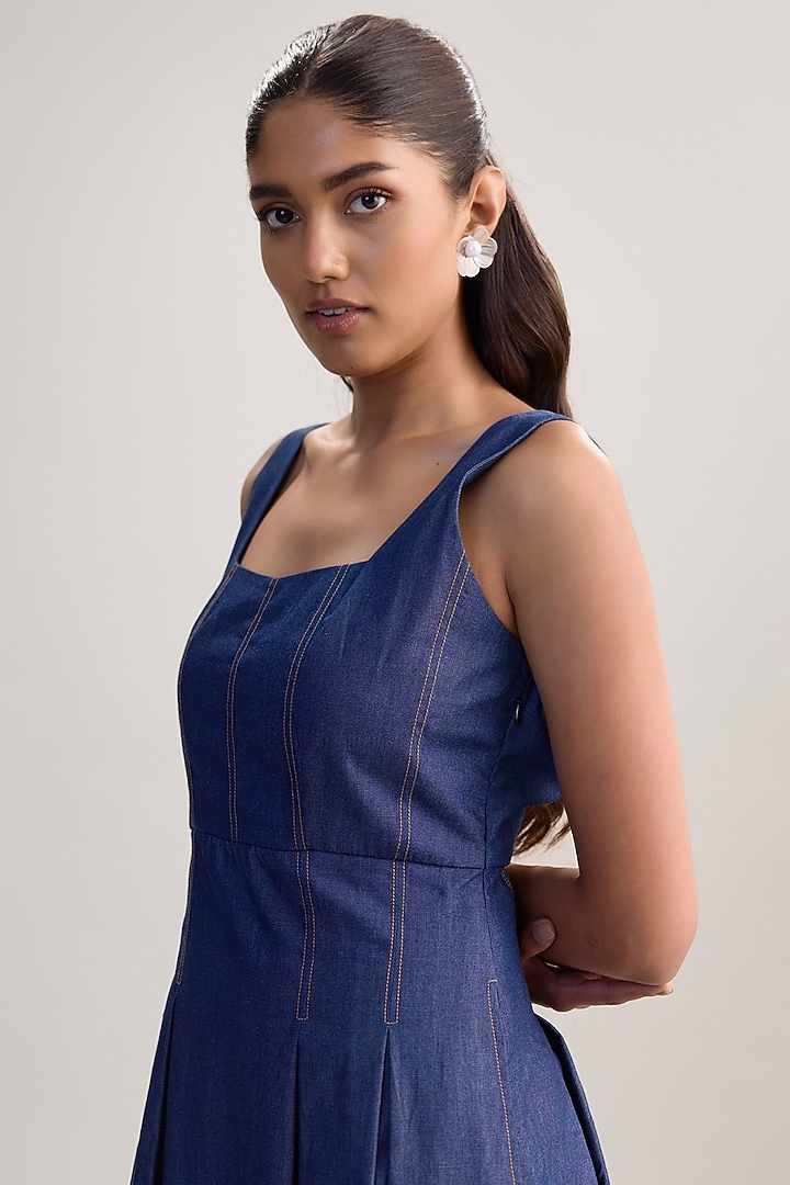 Blue Denim Floral Handwork Pleated Vacation Dress by Nakateki at Pernia's Pop Up Shop