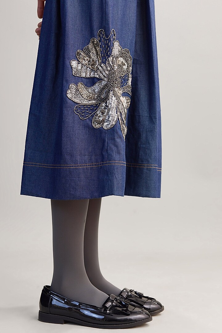 Blue Denim Floral Handwork Pleated Vacation Dress by Nakateki at Pernia's Pop Up Shop