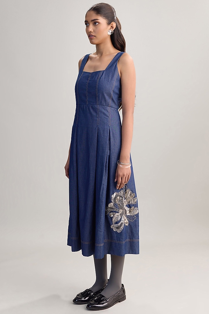 Blue Denim Floral Handwork Pleated Vacation Dress by Nakateki at Pernia's Pop Up Shop