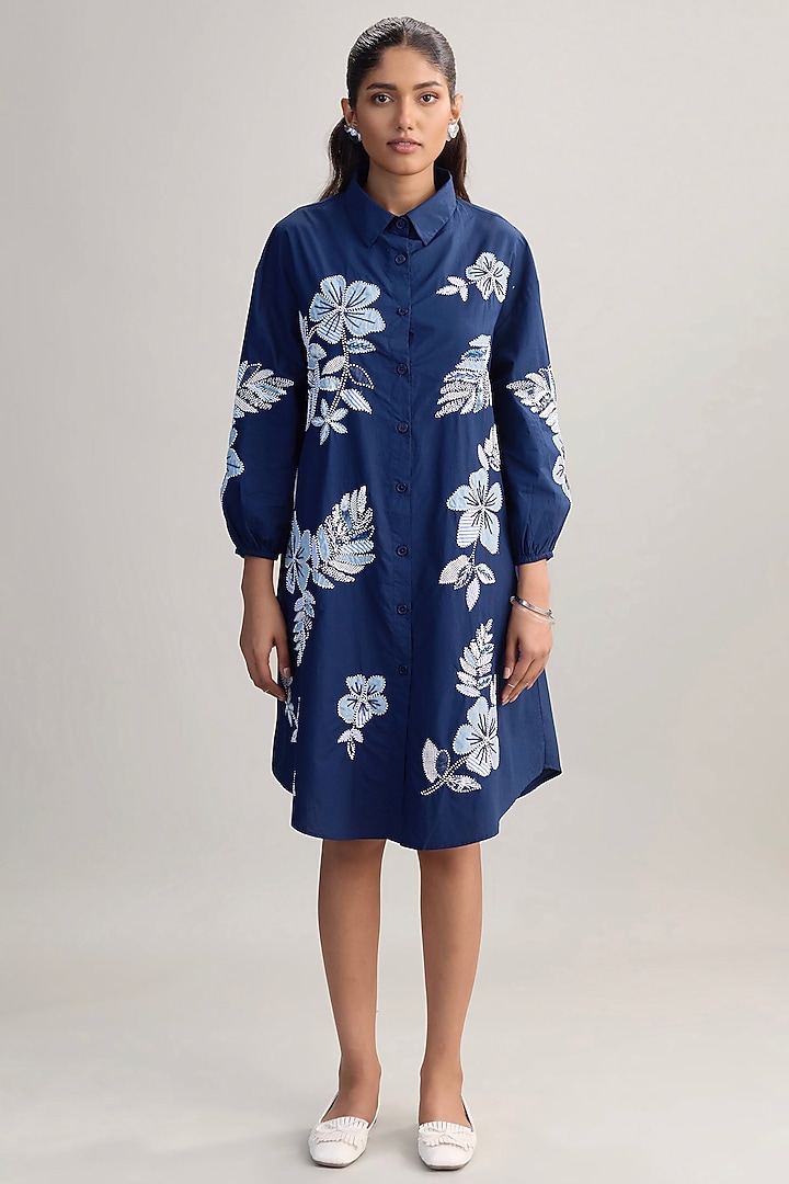 Blue Cotton Poplin Applique Embroidered High-Low Vacation Dress by Nakateki at Pernia's Pop Up Shop