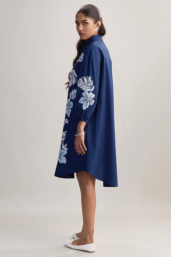 Blue Cotton Poplin Applique Embroidered High-Low Vacation Dress by Nakateki at Pernia's Pop Up Shop
