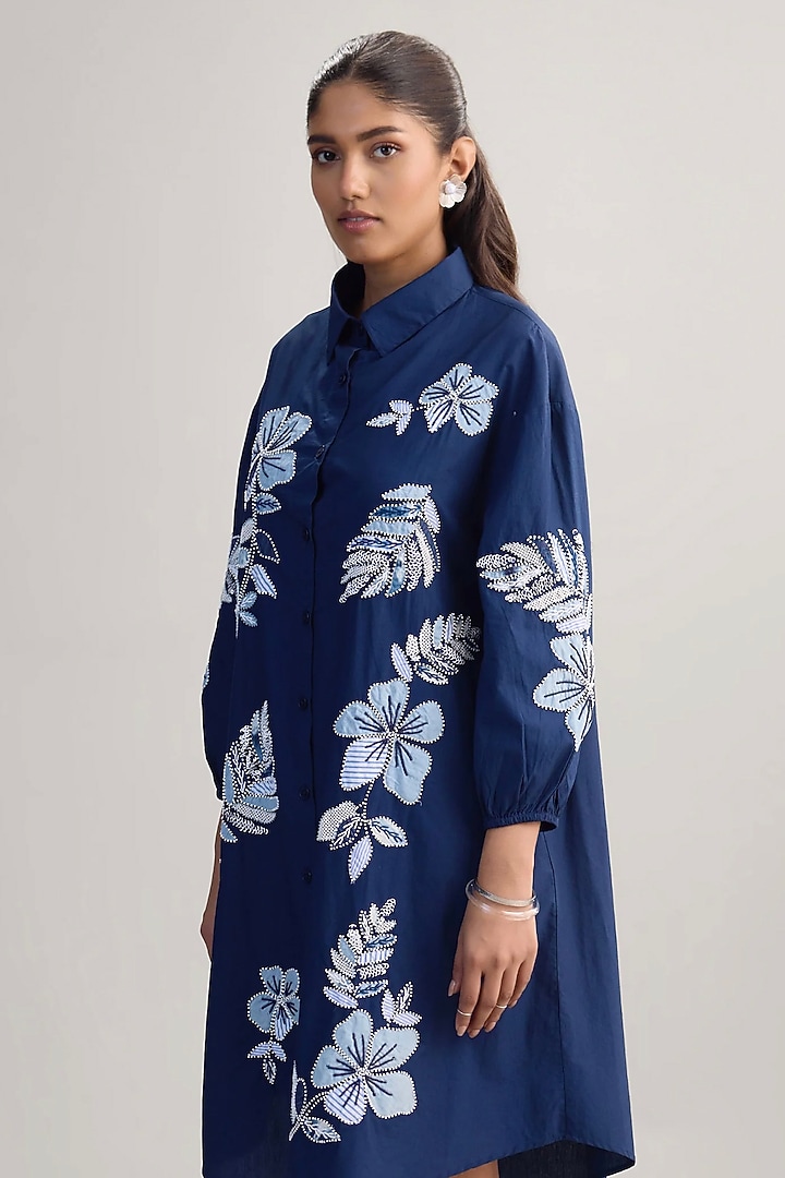 Blue Cotton Poplin Applique Embroidered High-Low Vacation Dress by Nakateki at Pernia's Pop Up Shop