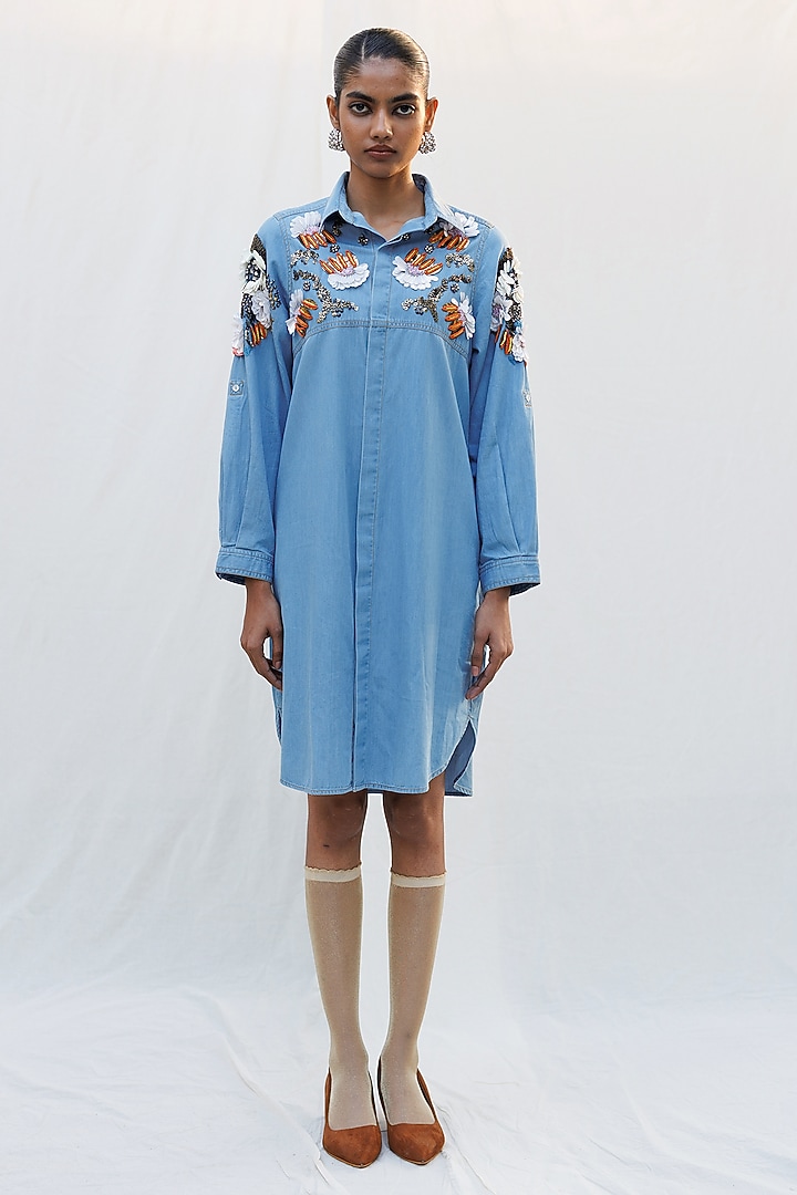 Blue Denim 3D Floral Applique Embroidered Vacation Shirt Dress by Nakateki at Pernia's Pop Up Shop