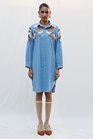 Blue Denim Elastane 3D Applique Shirt Dress by Nakateki