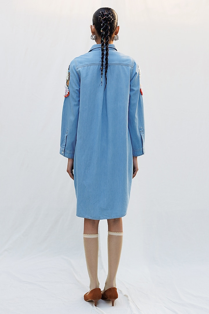 Blue Denim 3D Floral Applique Embroidered Vacation Shirt Dress by Nakateki at Pernia's Pop Up Shop