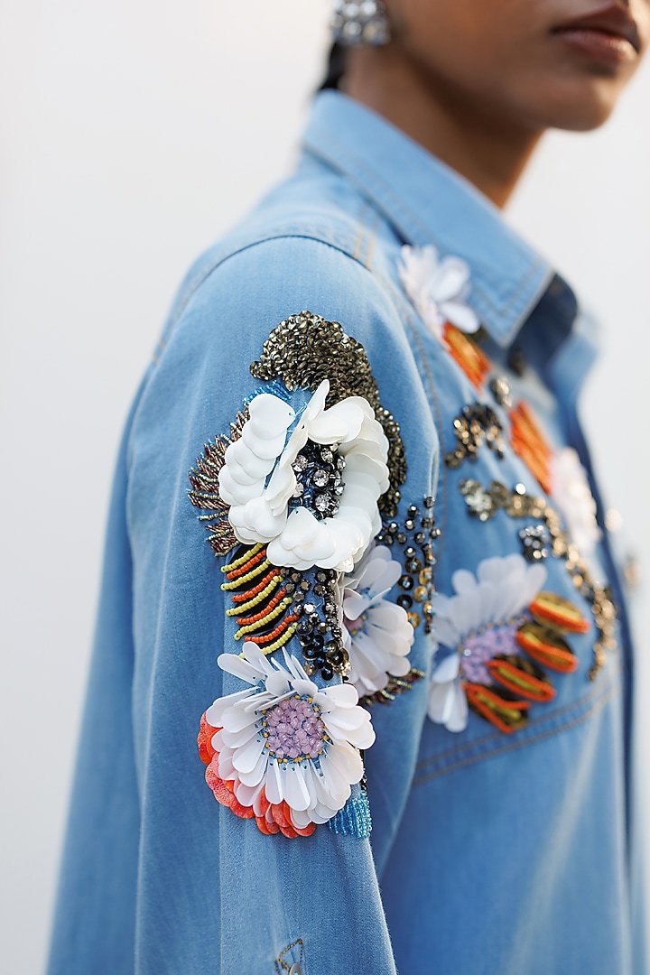 Blue Denim 3D Floral Applique Embroidered Vacation Shirt Dress by Nakateki at Pernia's Pop Up Shop