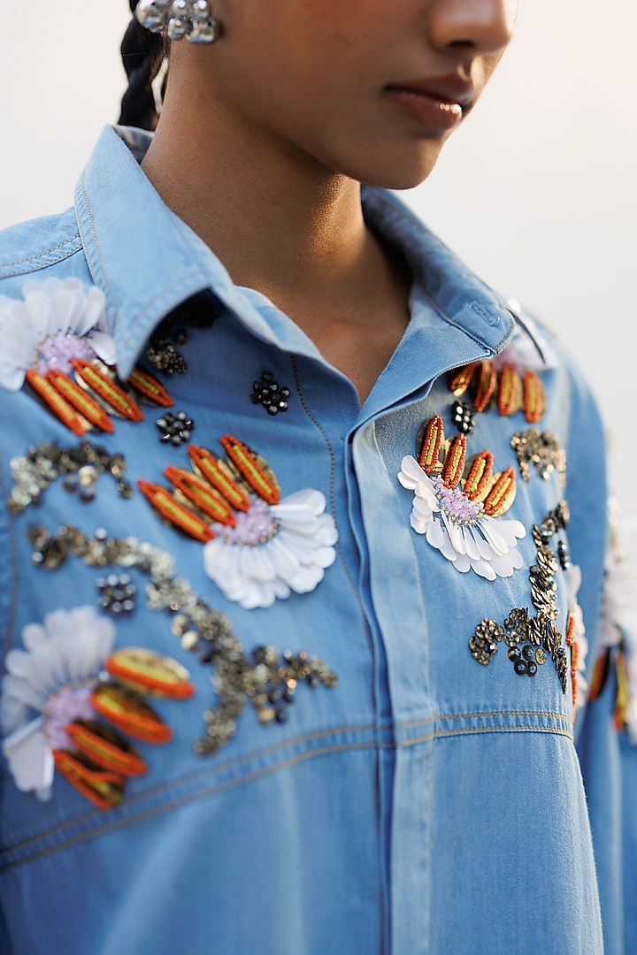 Blue Denim 3D Floral Applique Embroidered Vacation Shirt Dress by Nakateki at Pernia's Pop Up Shop