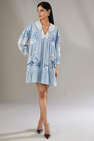 Blue Denim Applique Embroidered & Tie-Dye Printed Mini A-Line Dress by Nakateki