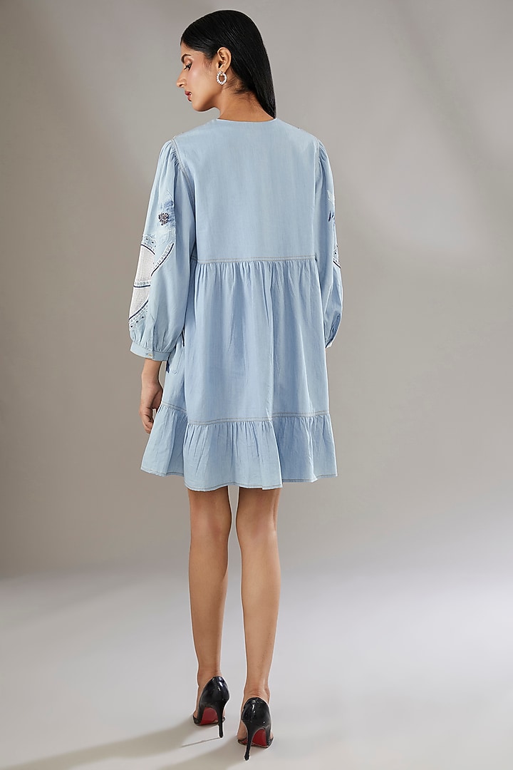 Blue Denim Applique Embroidered & Tie-Dye Printed Mini A-Line Vacation Dress by Nakateki at Pernia's Pop Up Shop