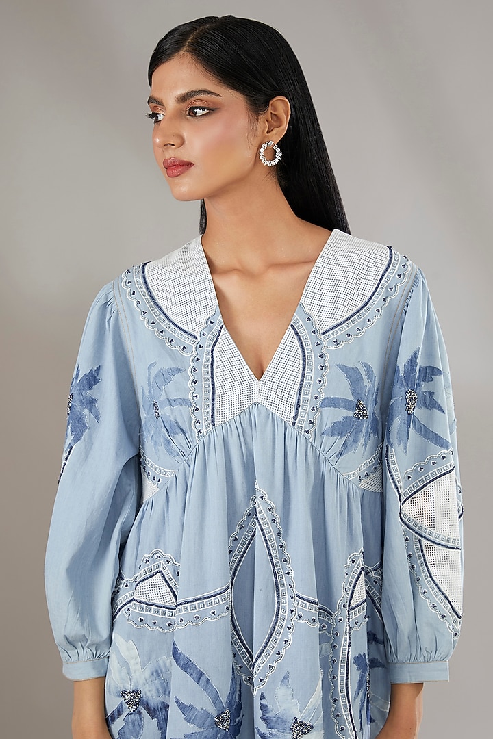 Blue Denim Applique Embroidered & Tie-Dye Printed Mini A-Line Vacation Dress by Nakateki at Pernia's Pop Up Shop
