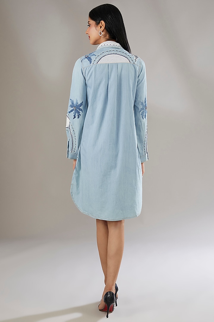 Blue Denim & Cotton Applique and Printed Vacation Shirt Dress by Nakateki at Pernia's Pop Up Shop
