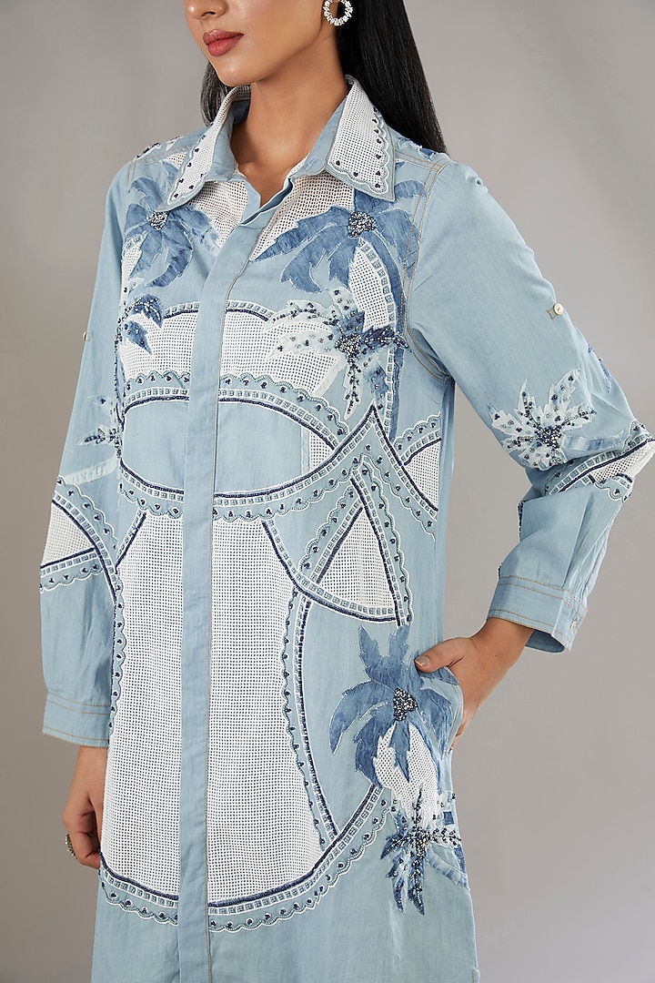 Blue Denim & Cotton Applique and Printed Vacation Shirt Dress by Nakateki at Pernia's Pop Up Shop